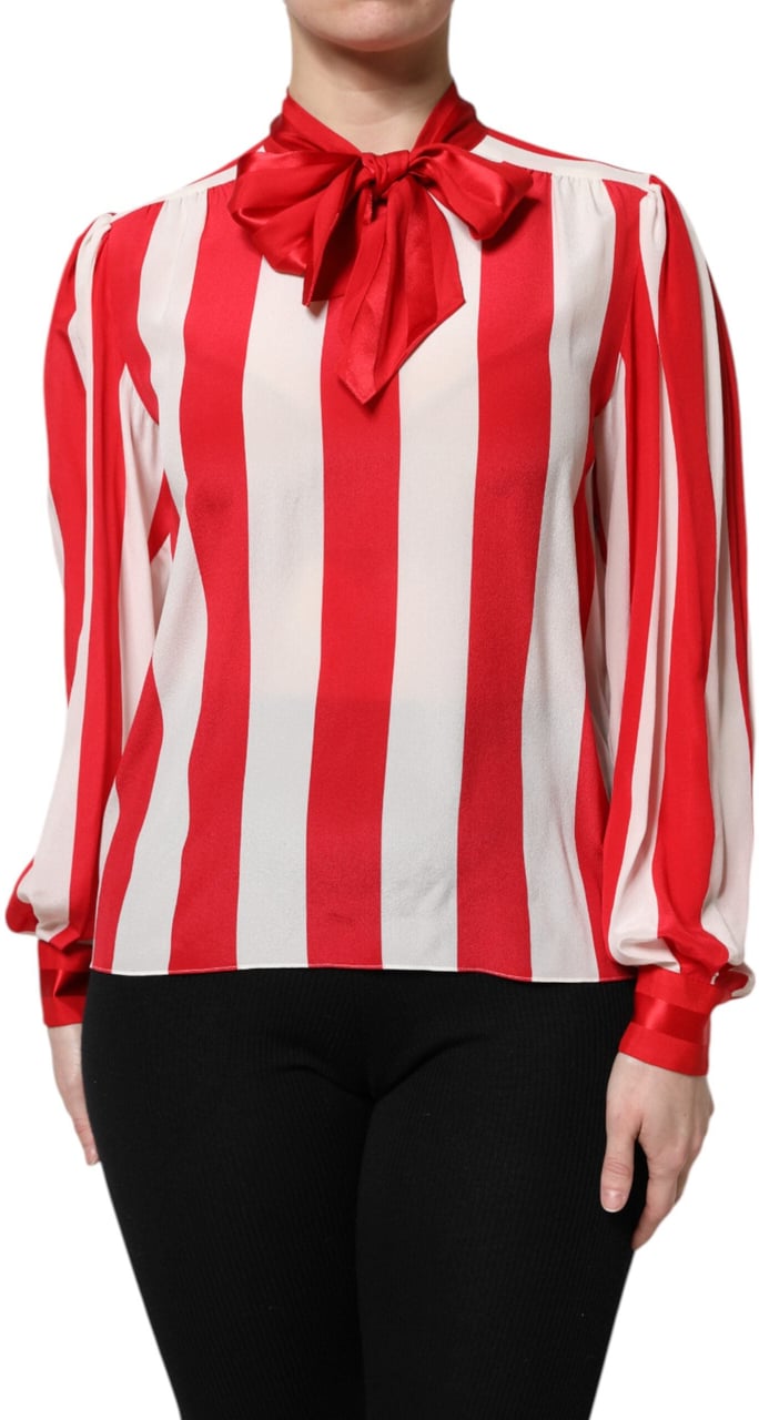 Dolce & Gabbana Red White Stripes Ascot Collar Blouse Top Divers