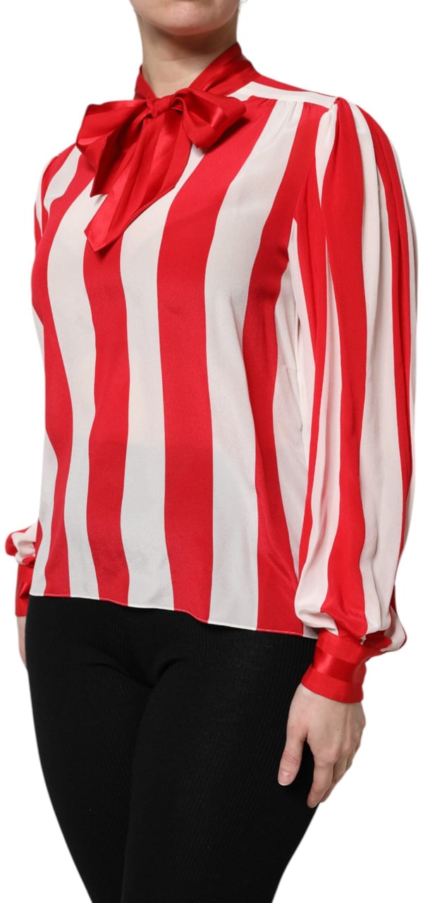 Dolce & Gabbana Red White Stripes Ascot Collar Blouse Top Divers