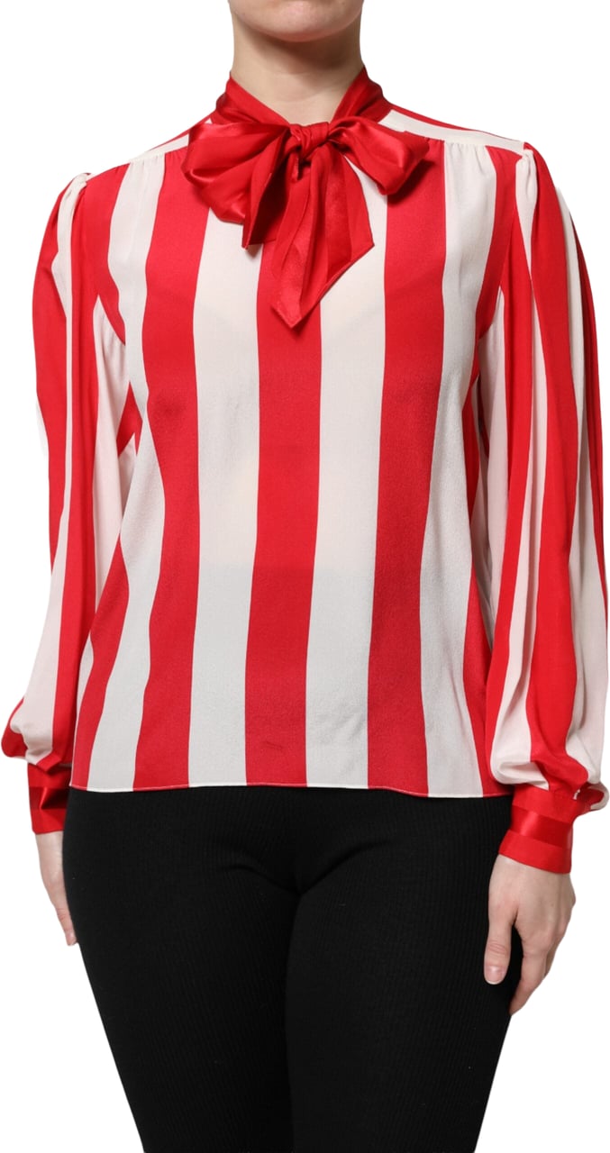 Dolce & Gabbana Red White Stripes Ascot Collar Blouse Top Divers