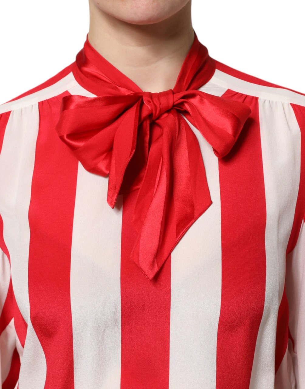 Dolce & Gabbana Red White Stripes Ascot Collar Blouse Top Divers
