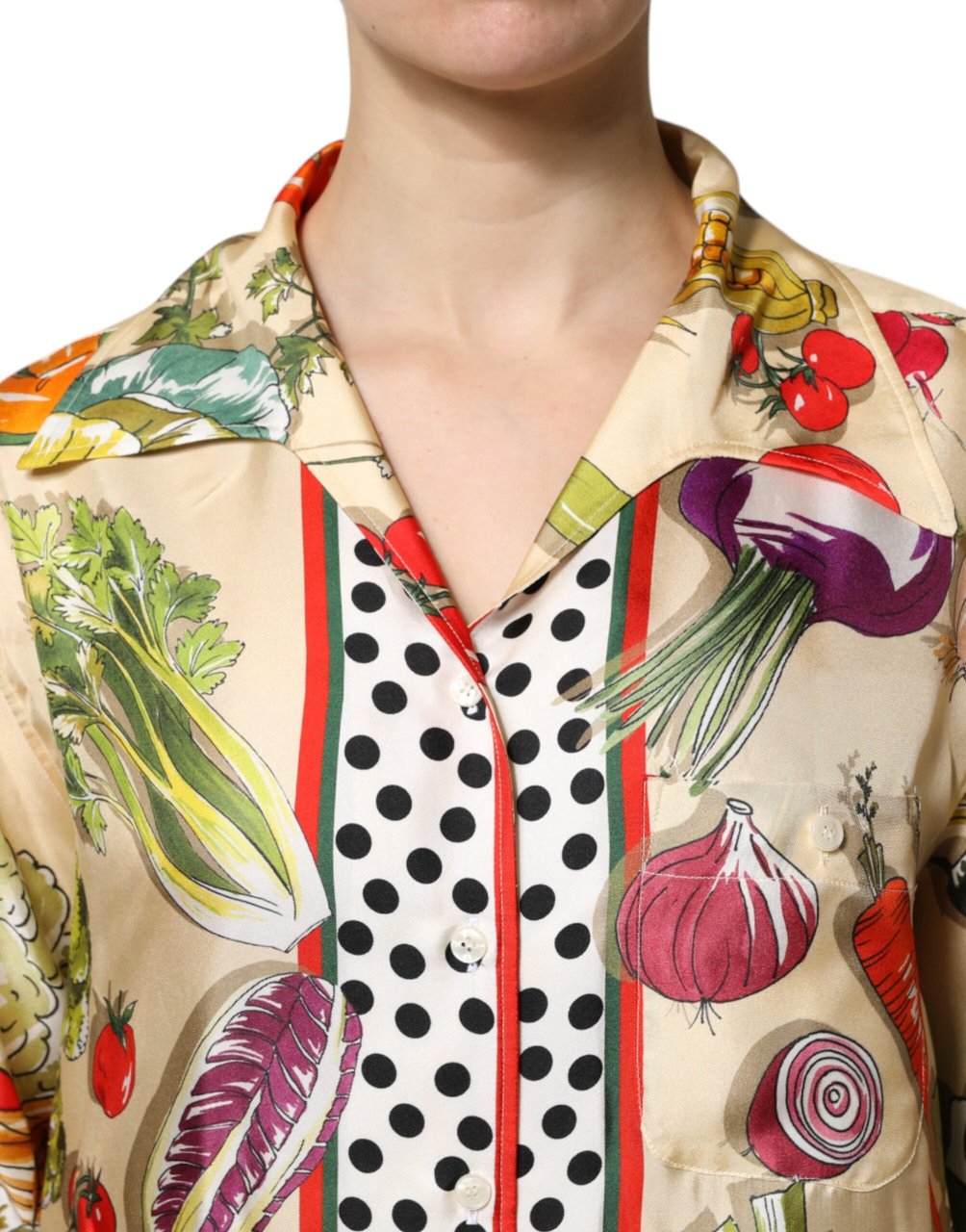 Dolce & Gabbana Multicolor Vegetables Silk Long Sleeves Top Divers