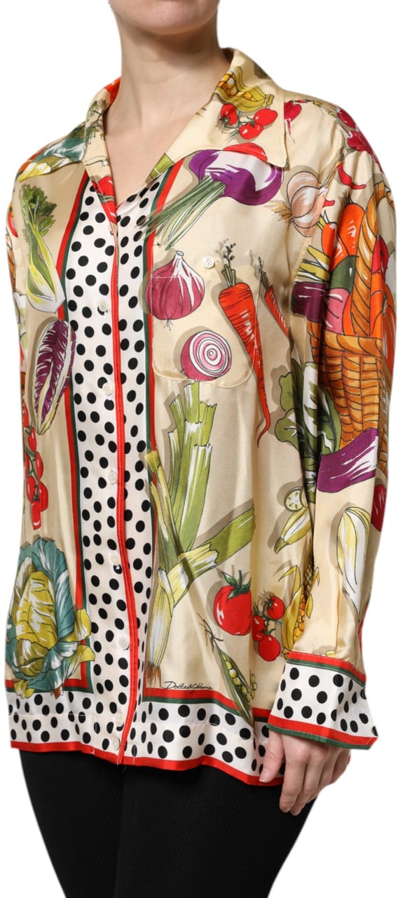 Dolce & Gabbana Multicolor Vegetables Silk Long Sleeves Top Divers