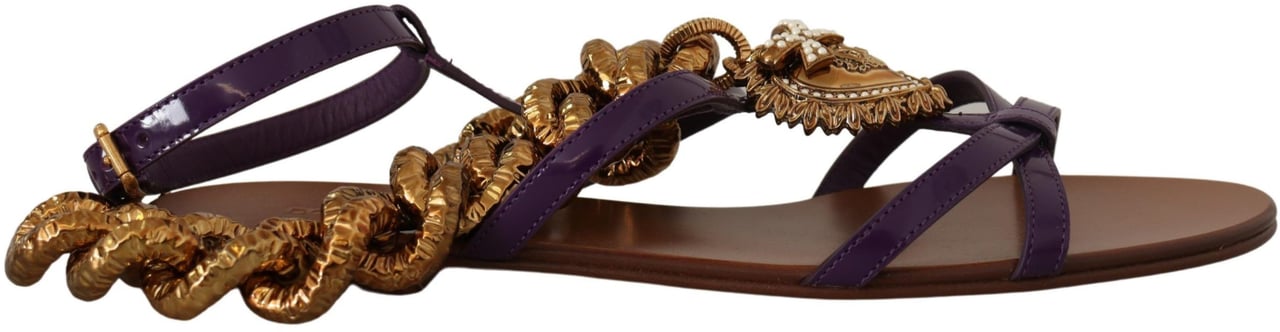 Dolce & Gabbana Purple Leather Devotion Flats Sandals Shoes Goud