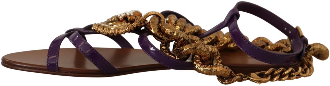 Dolce & Gabbana Purple Leather Devotion Flats Sandals Shoes Goud