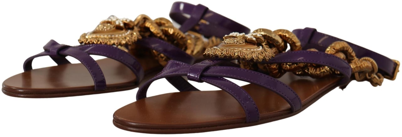 Dolce & Gabbana Purple Leather Devotion Flats Sandals Shoes Goud