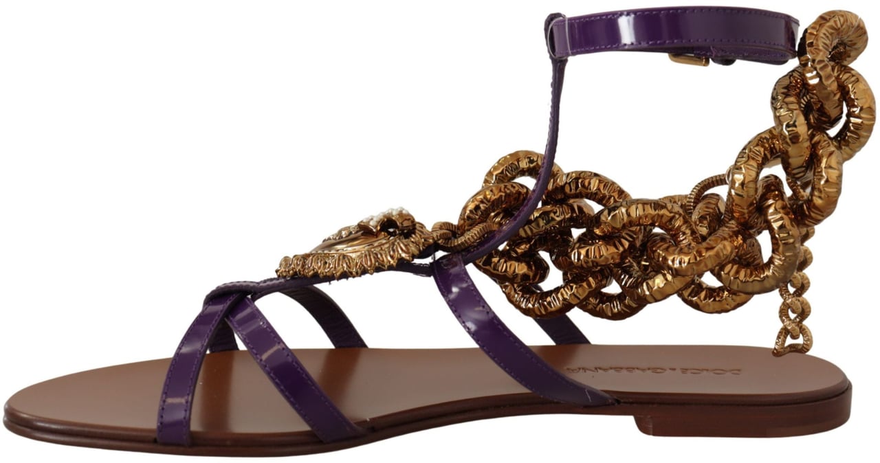 Dolce & Gabbana Purple Leather Devotion Flats Sandals Shoes Goud