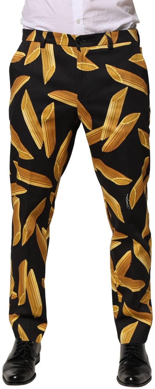 Dolce & Gabbana Black Pasta Print Tapered Men Pants Zwart