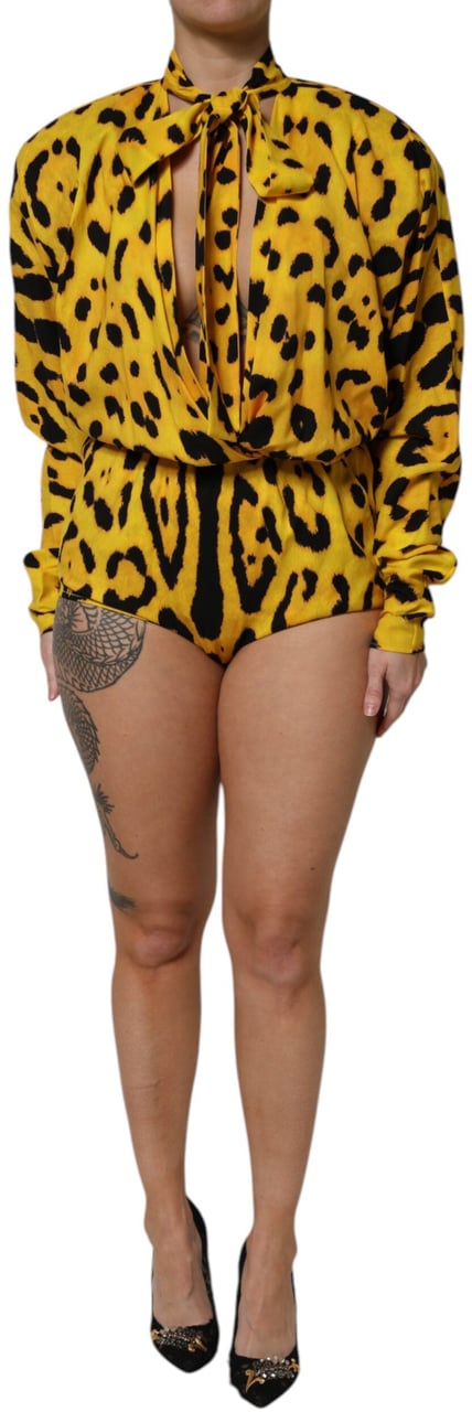 Dolce & Gabbana Yellow Leopard Long Sleeves Jumpsuit Dress Geel