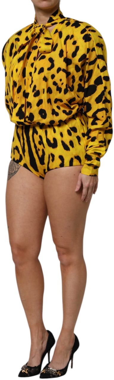 Dolce & Gabbana Yellow Leopard Long Sleeves Jumpsuit Dress Geel