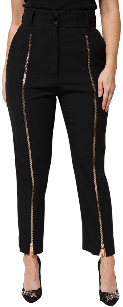 Dolce & Gabbana Black Wool High Waist Zipper Tapered Pants Zwart