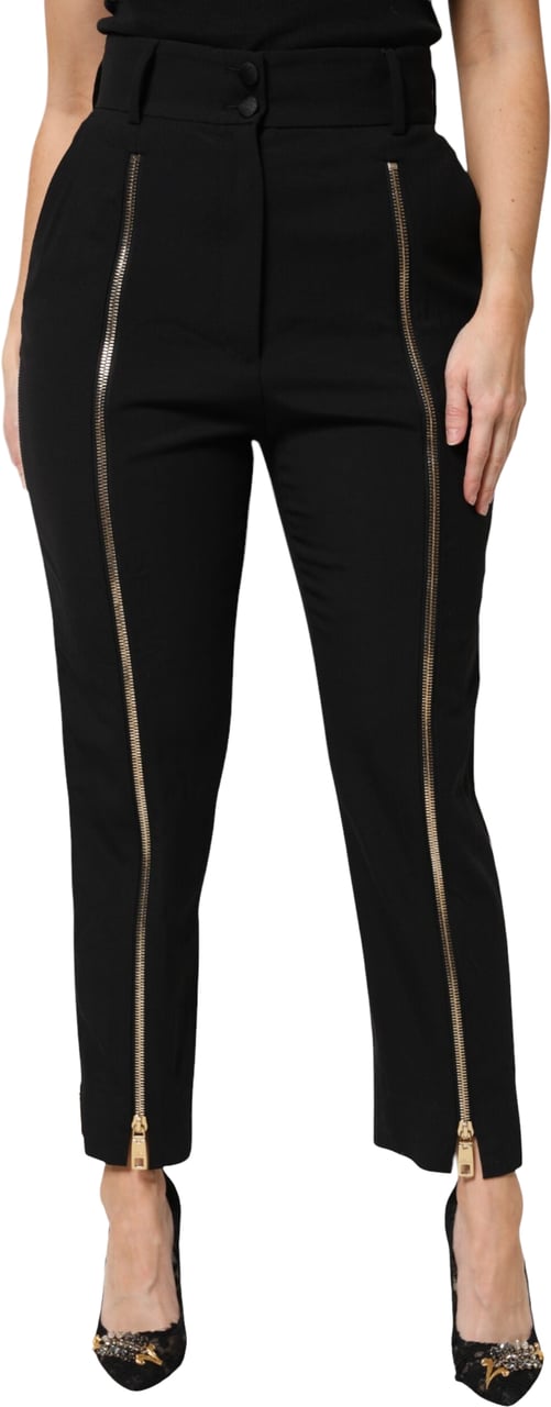 Dolce & Gabbana Black Wool High Waist Zipper Tapered Pants Zwart