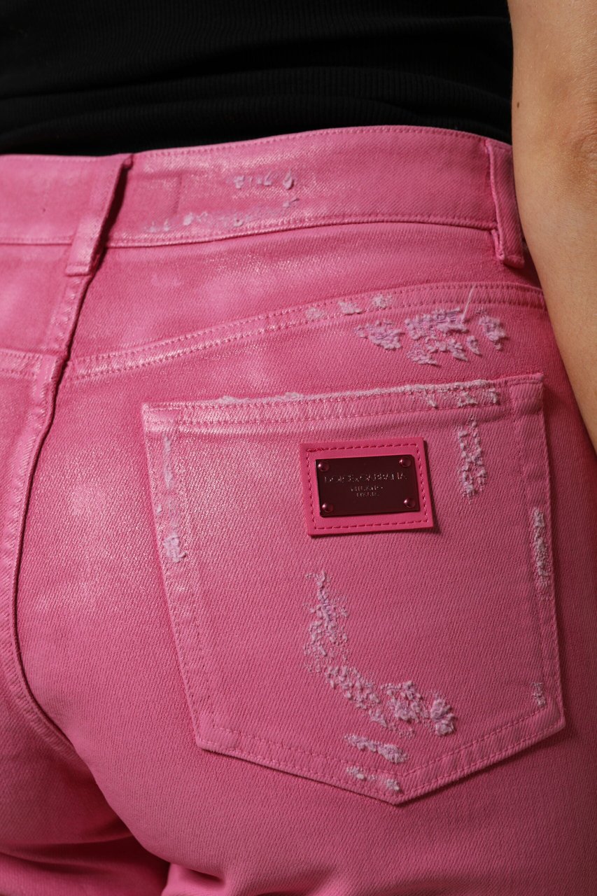 Dolce & Gabbana Pink Tattered Mid Waist Tapered Denim Jeans Wit