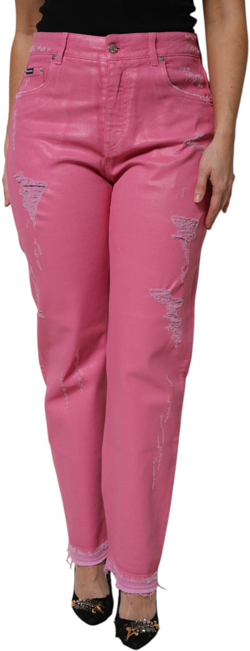 Dolce & Gabbana Pink Tattered Mid Waist Tapered Denim Jeans Wit