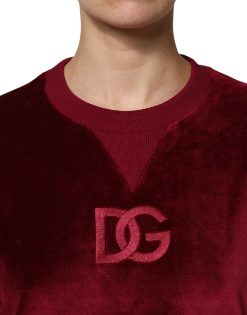 Dolce & Gabbana Red Cotton Velvet Crew Neck Pullover Sweater Rood