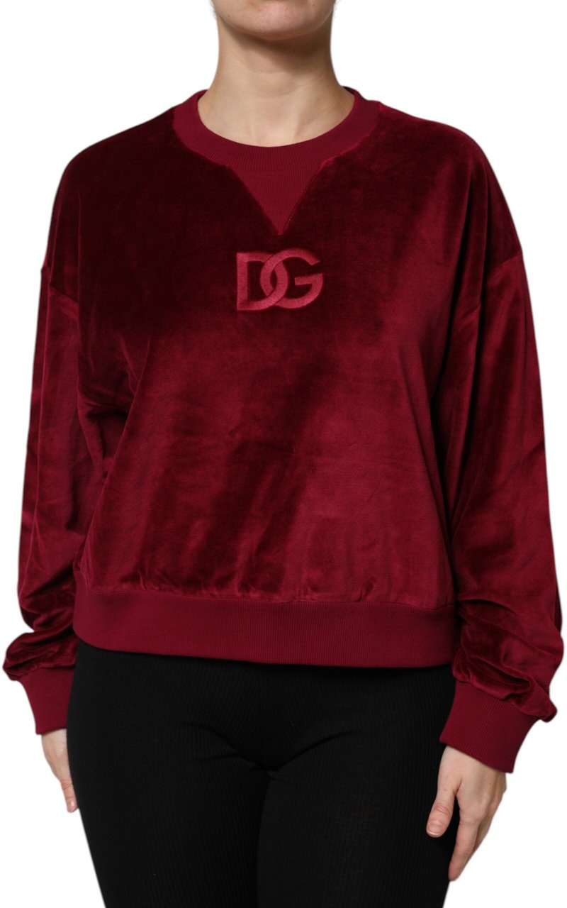 Dolce & Gabbana Red Cotton Velvet Crew Neck Pullover Sweater Rood
