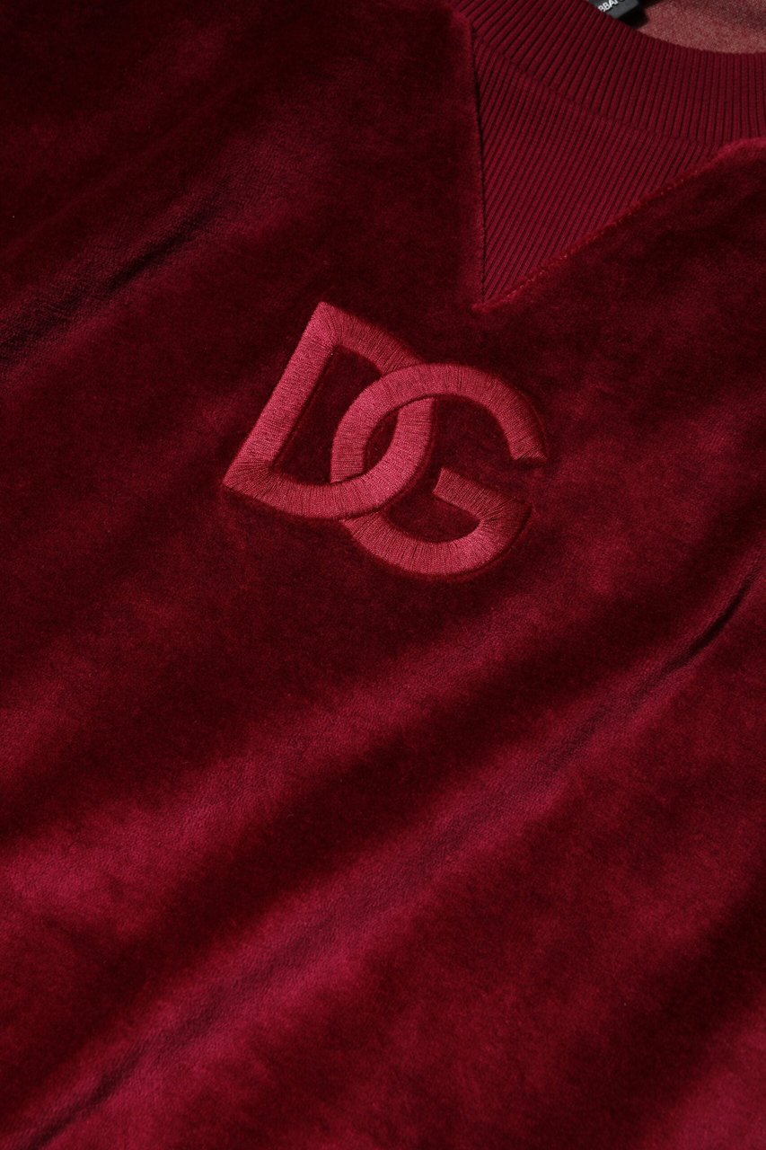 Dolce & Gabbana Red Cotton Velvet Crew Neck Pullover Sweater Rood