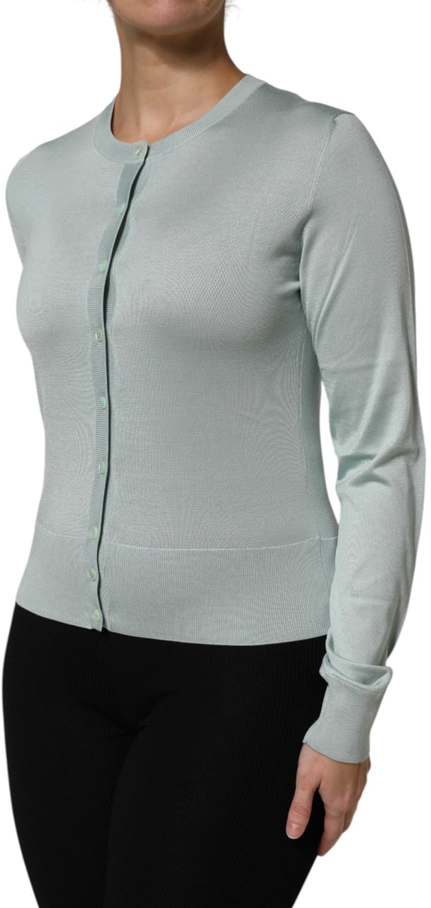 Dolce & Gabbana Light Green Silk Button Down Cardigan Sweater Zilver