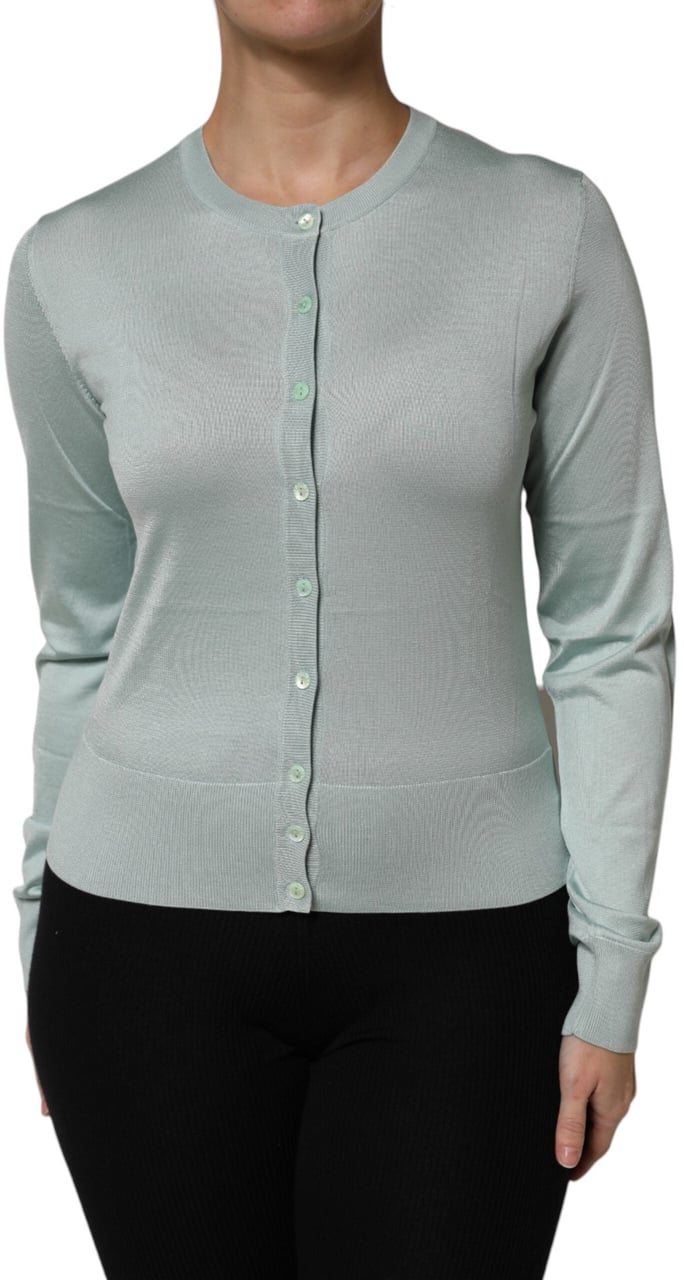 Dolce & Gabbana Light Green Silk Button Down Cardigan Sweater Zilver