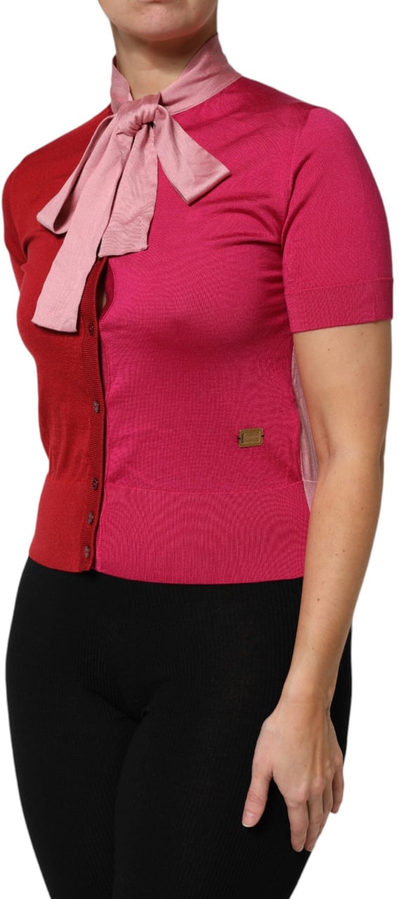 Dolce & Gabbana Pink Short Sleeves Buttoned Ascot Collar Top Roze