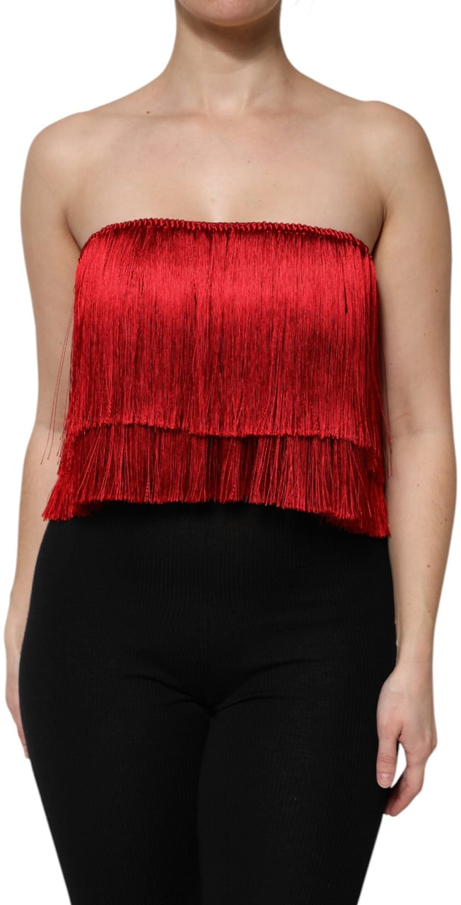 Dolce & Gabbana Red Silk Strapless Fringe Crop Tube Top Rood
