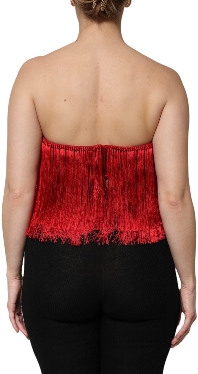 Dolce & Gabbana Red Silk Strapless Fringe Crop Tube Top Rood