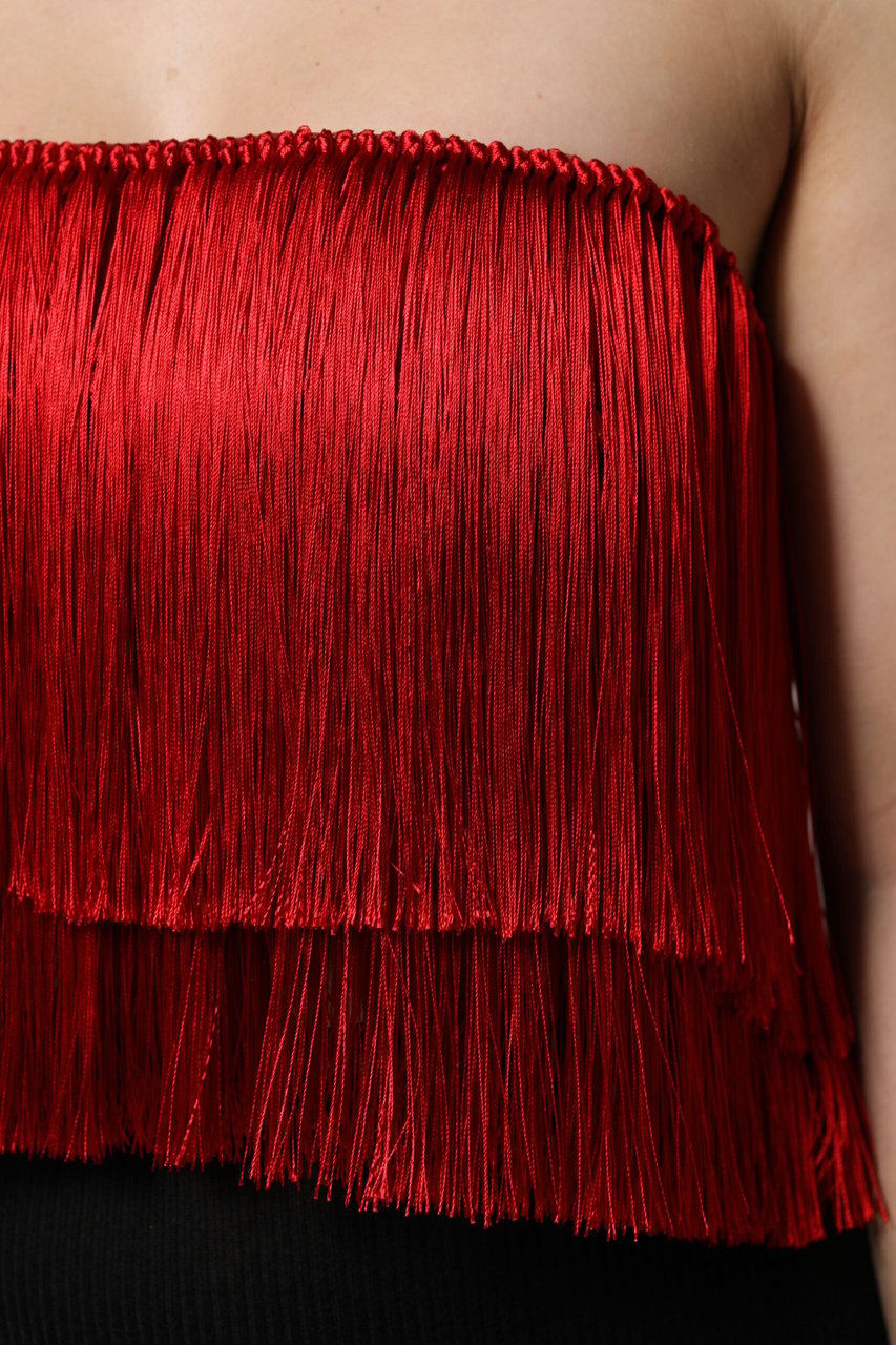 Dolce & Gabbana Red Silk Strapless Fringe Crop Tube Top Rood