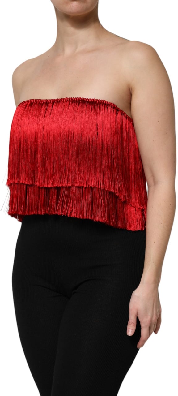 Dolce & Gabbana Red Silk Strapless Fringe Crop Tube Top Rood