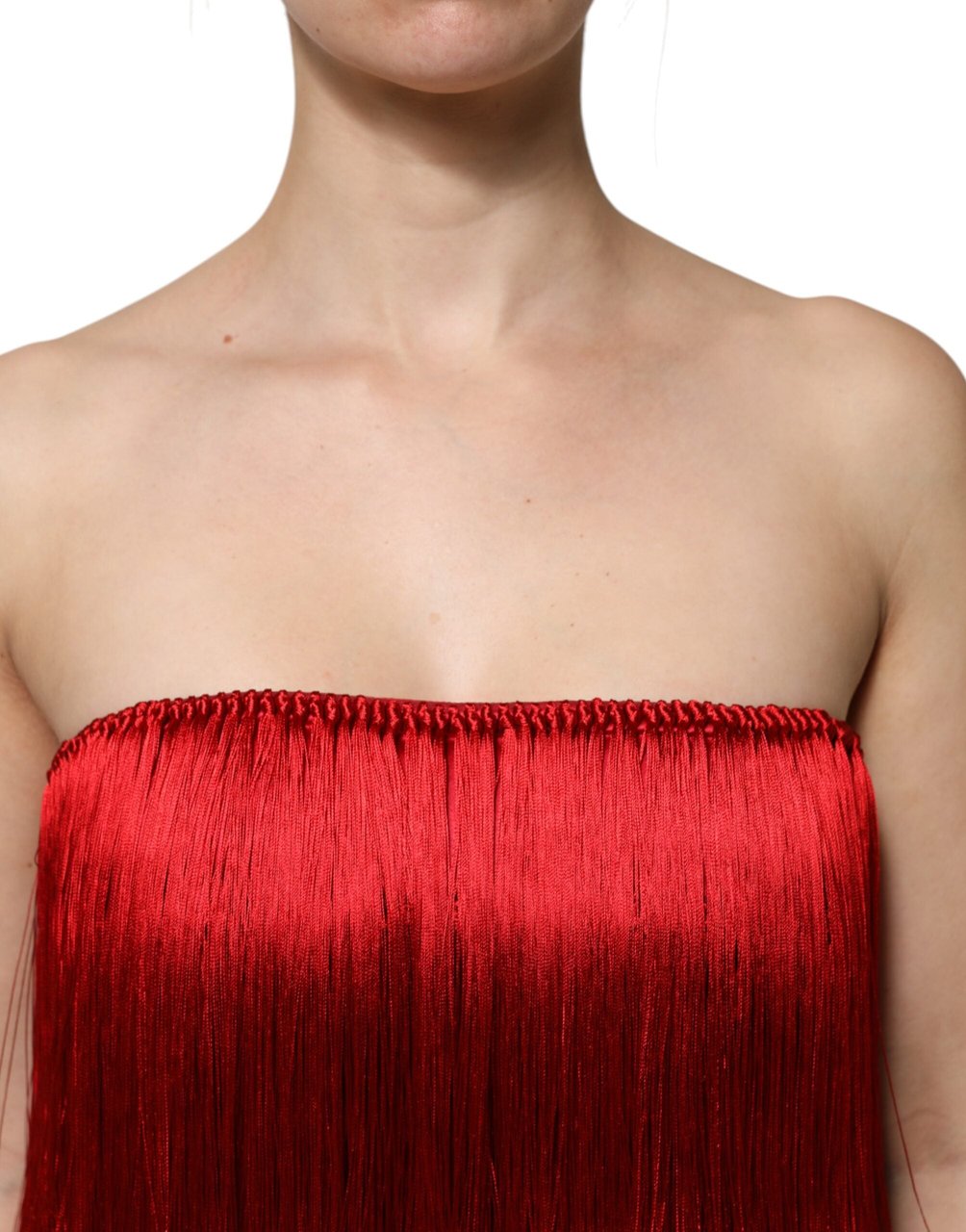 Dolce & Gabbana Red Silk Strapless Fringe Crop Tube Top Rood