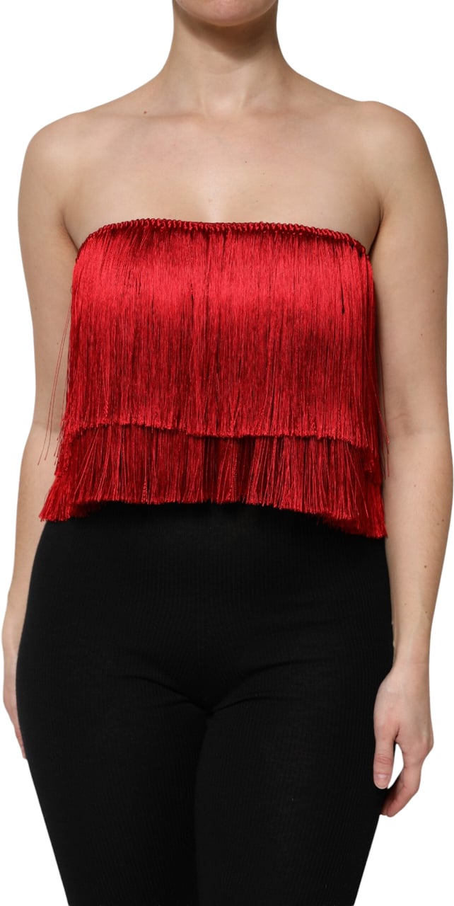 Dolce & Gabbana Red Silk Strapless Fringe Crop Tube Top Rood