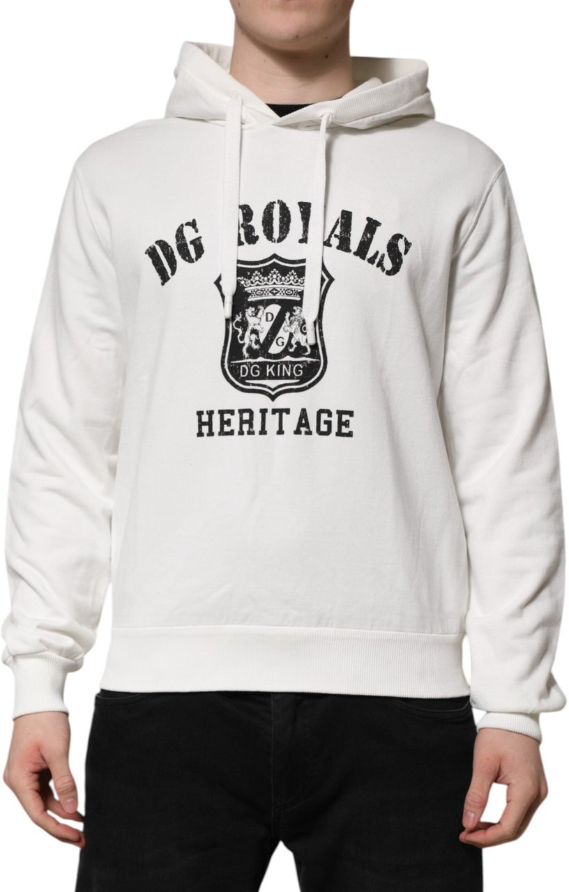 Dolce & Gabbana White Cotton DG ROYAL Print Hooded Sweater Wit