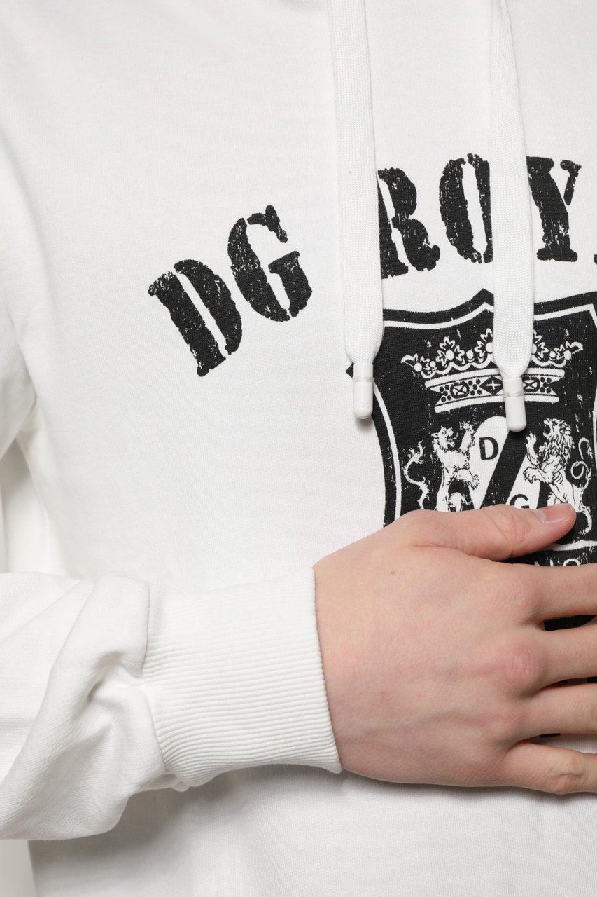 Dolce & Gabbana White Cotton DG ROYAL Print Hooded Sweater Wit