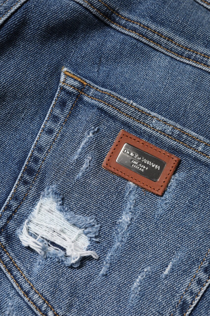 Dolce & Gabbana Blue Tattered Cotton Low Waist Denim Jeans Blauw