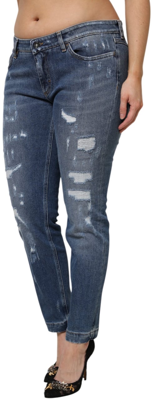 Dolce & Gabbana Blue Tattered Cotton Low Waist Denim Jeans Blauw