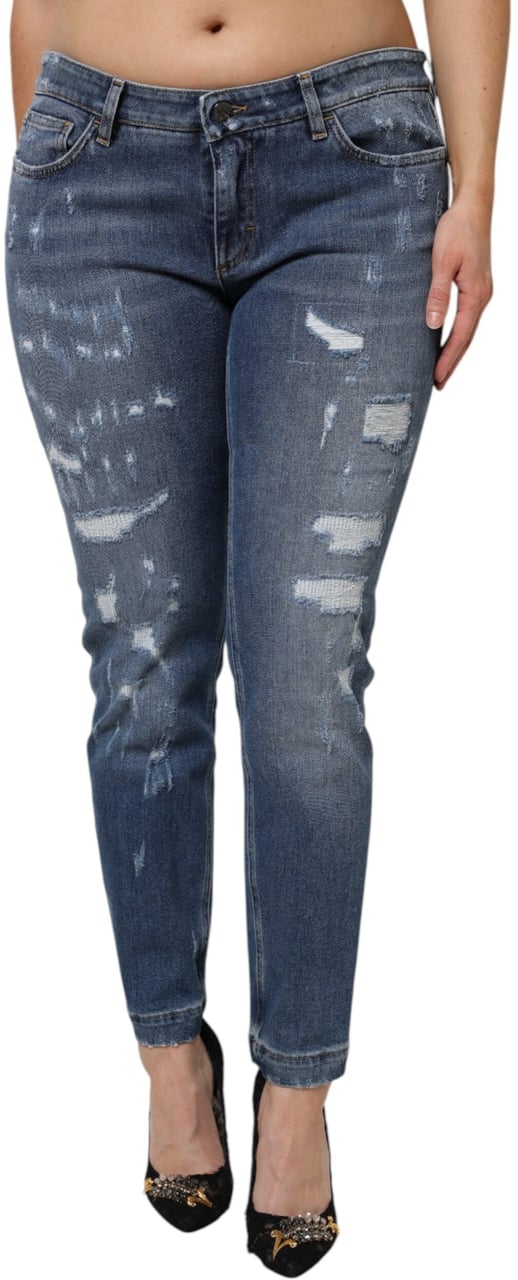 Dolce & Gabbana Blue Tattered Cotton Low Waist Denim Jeans Blauw