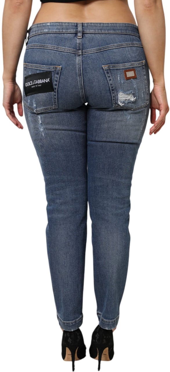 Dolce & Gabbana Blue Tattered Cotton Low Waist Denim Jeans Blauw