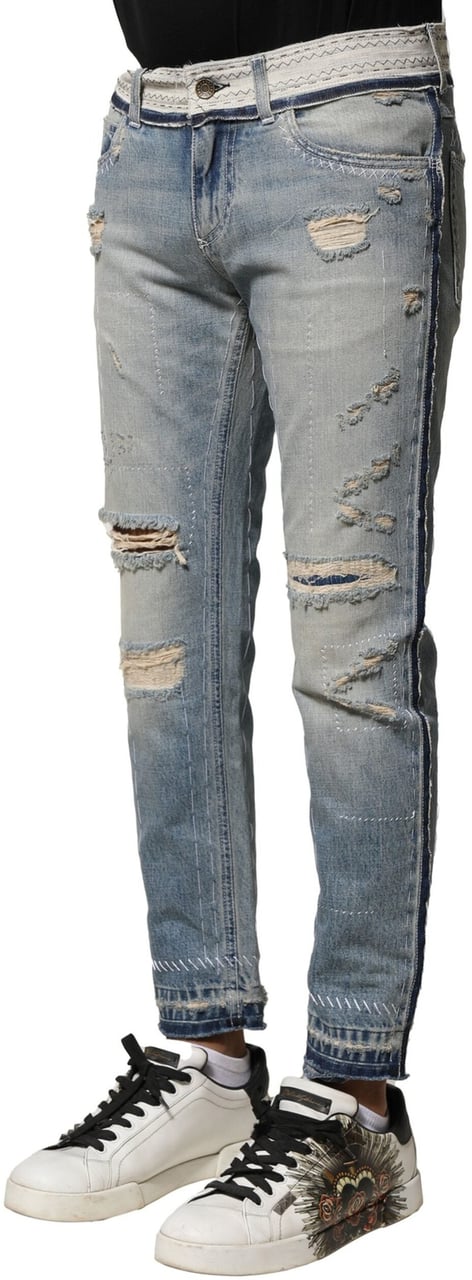 Dolce & Gabbana Light Blue Tattered Straight Men Denim Jeans Blauw