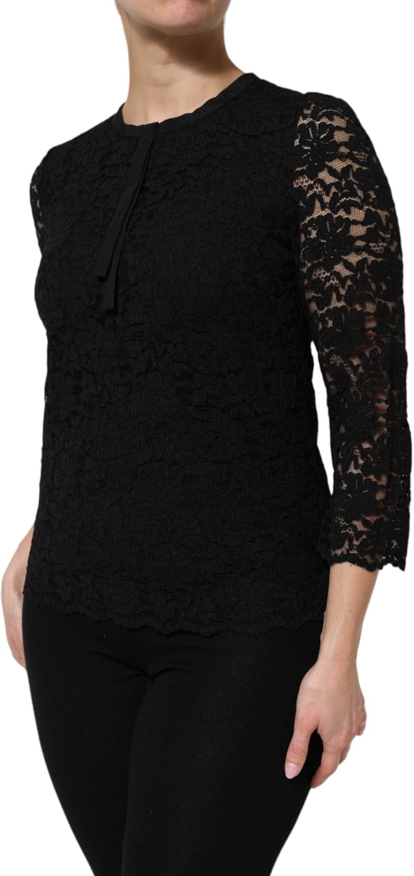 Dolce & Gabbana Black Nylon Lace Long Sleeve Blouse Top Zwart