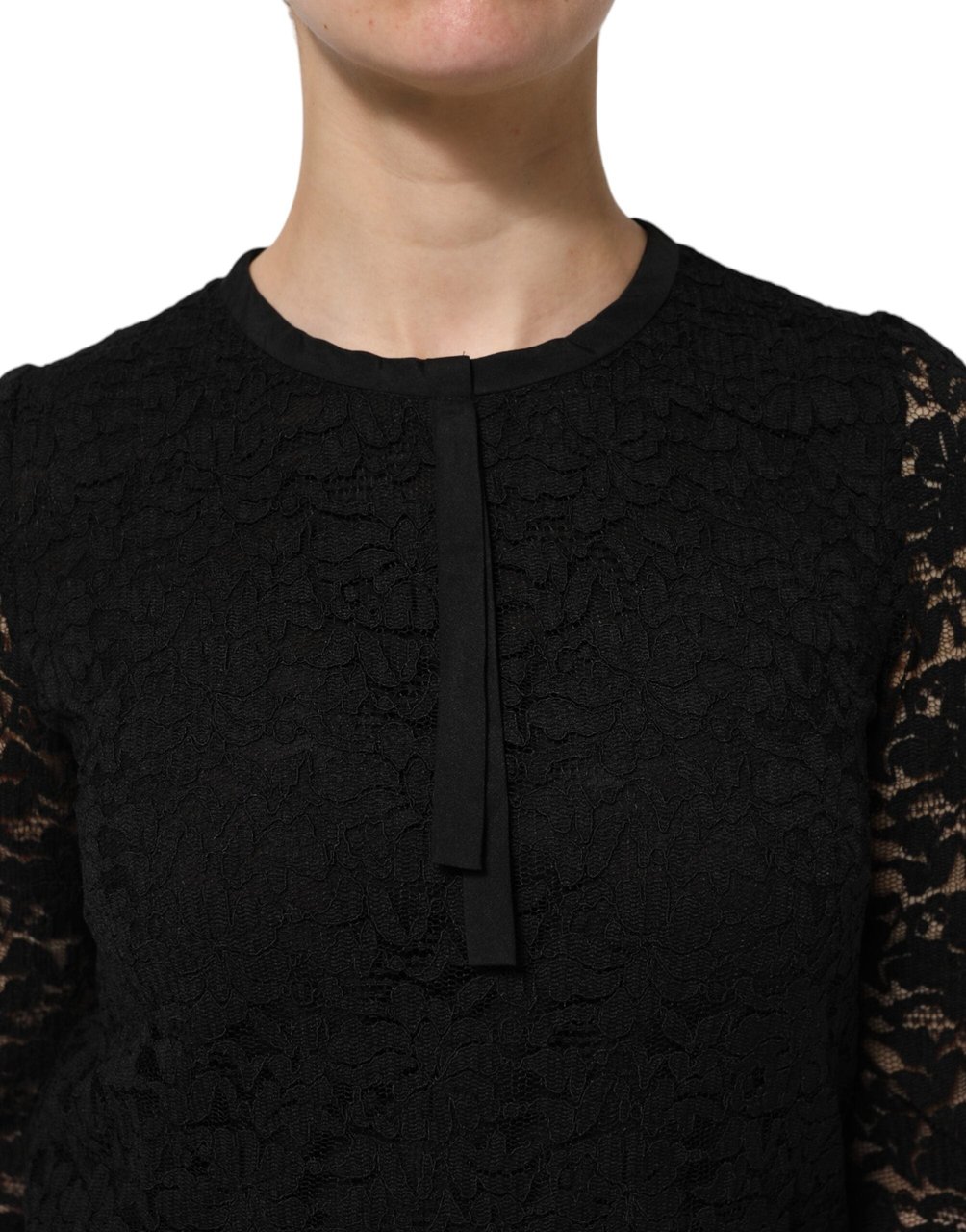 Dolce & Gabbana Black Nylon Lace Long Sleeve Blouse Top Zwart