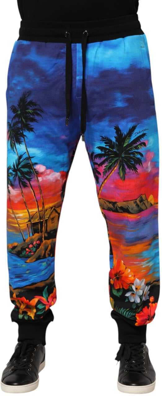 Dolce & Gabbana Blue Hawaiian Print Jogger Sweatpants Pants Blauw