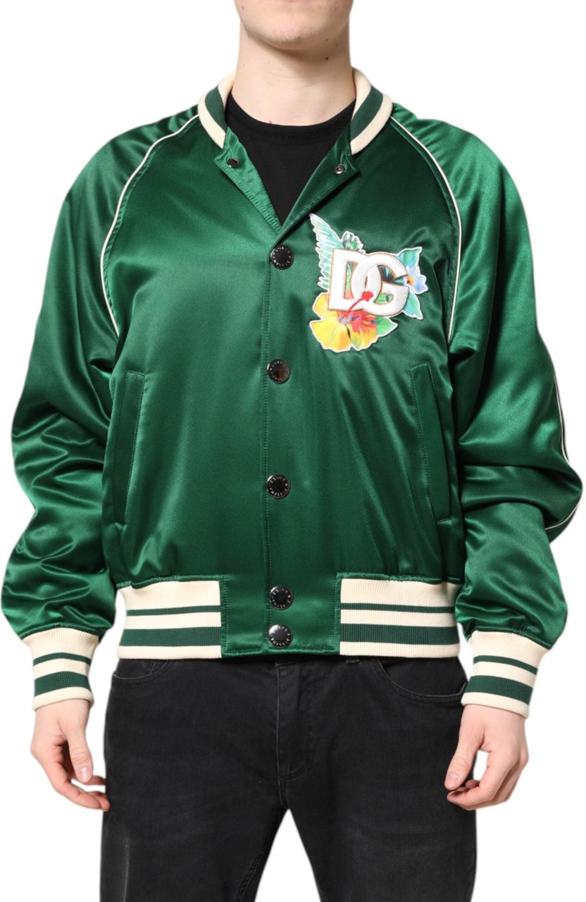 Dolce & Gabbana Green Floral DG Logo Full Zip Bomber Jacket Groen