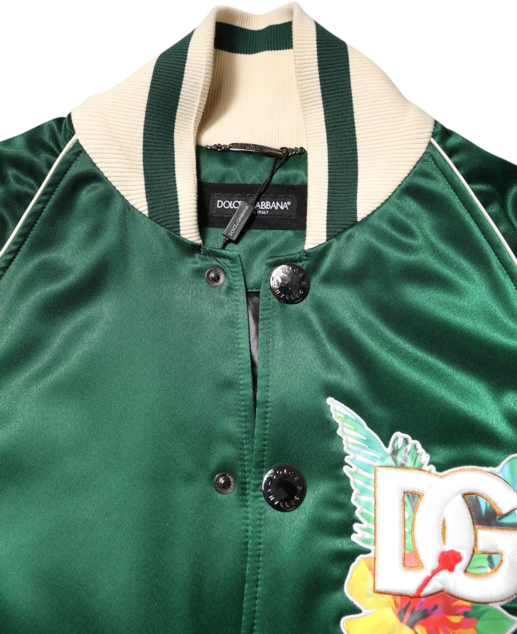 Dolce & Gabbana Green Floral DG Logo Full Zip Bomber Jacket Groen