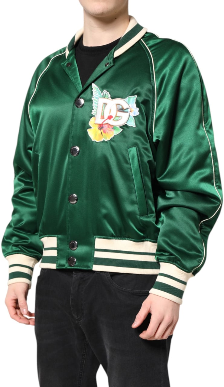 Dolce & Gabbana Green Floral DG Logo Full Zip Bomber Jacket Groen