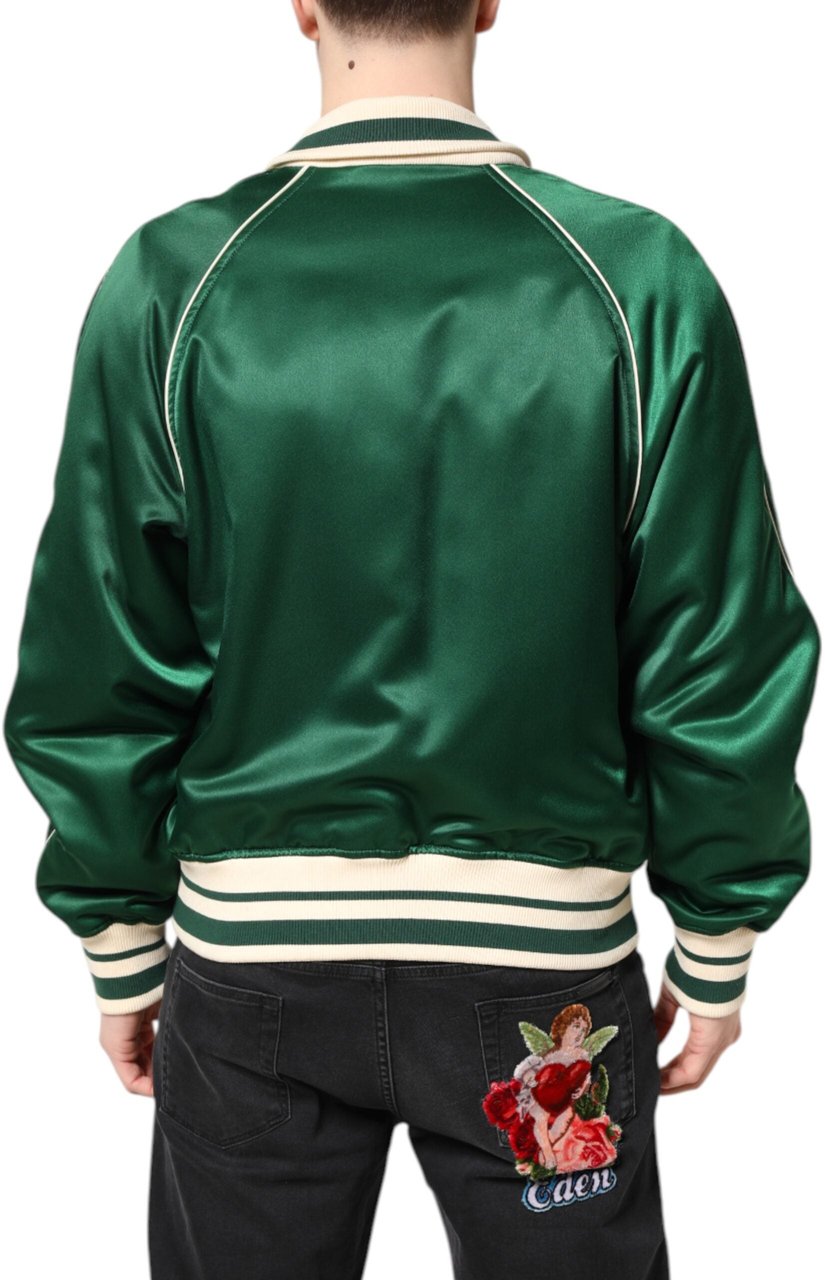 Dolce & Gabbana Green Floral DG Logo Full Zip Bomber Jacket Groen