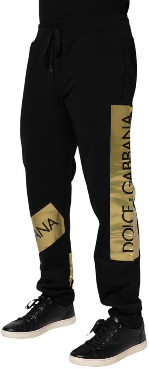 Dolce & Gabbana Black Cotton Logo Tape Men Jogger Pants Zwart