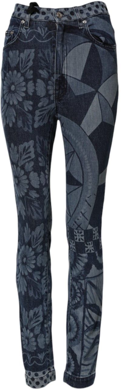 Dolce & Gabbana Blue Graphic Print Cotton Skinny Denim Jeans Blauw