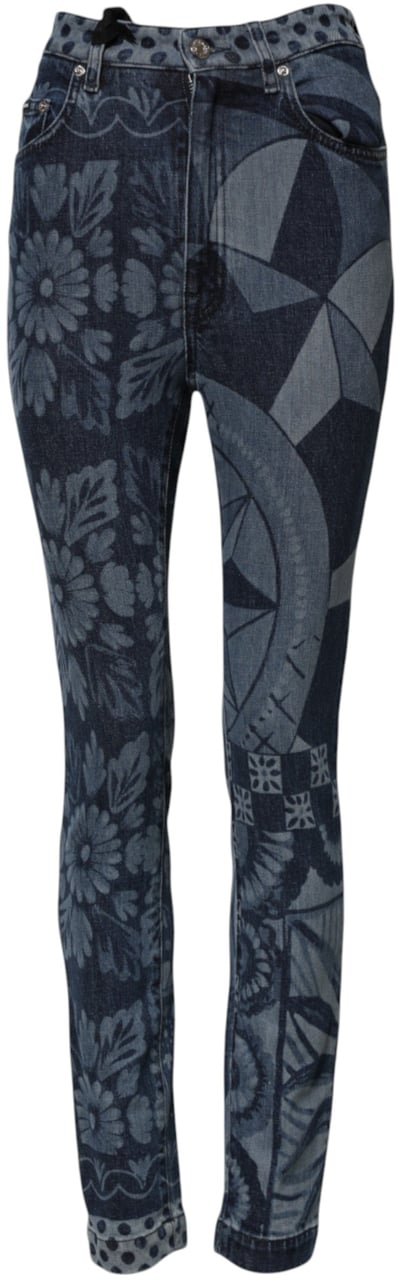Dolce & Gabbana Blue Graphic Print Cotton Skinny Denim Jeans Blauw