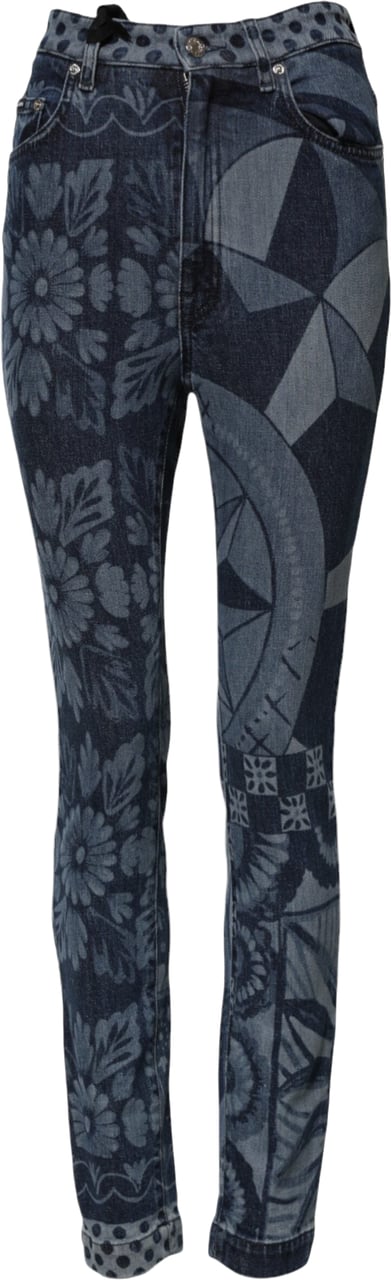 Dolce & Gabbana Blue Graphic Print Cotton Skinny Denim Jeans Blauw