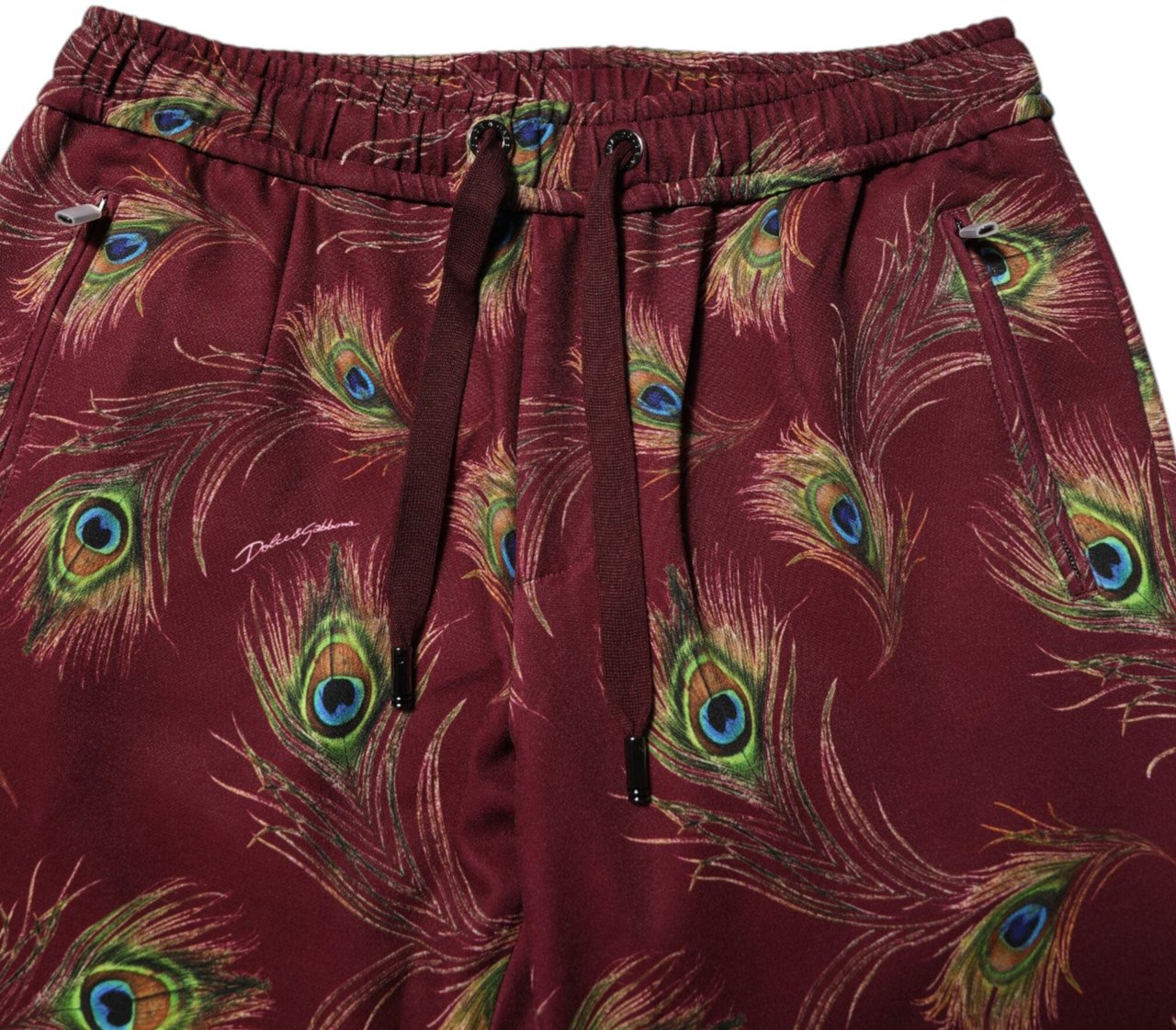 Dolce & Gabbana Burgundy Peacock Feather Print Jogger Pants Maroon