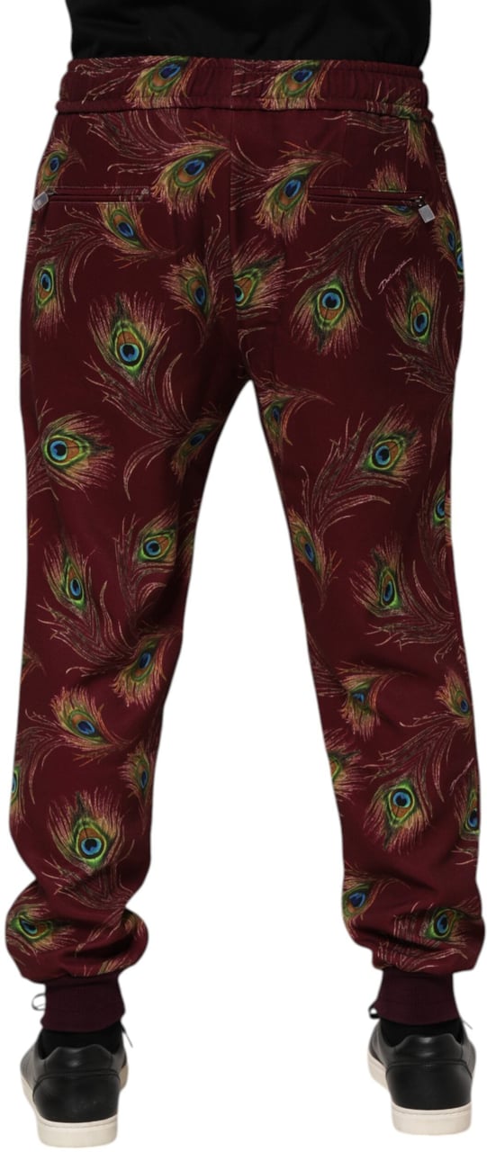 Dolce & Gabbana Burgundy Peacock Feather Print Jogger Pants Maroon