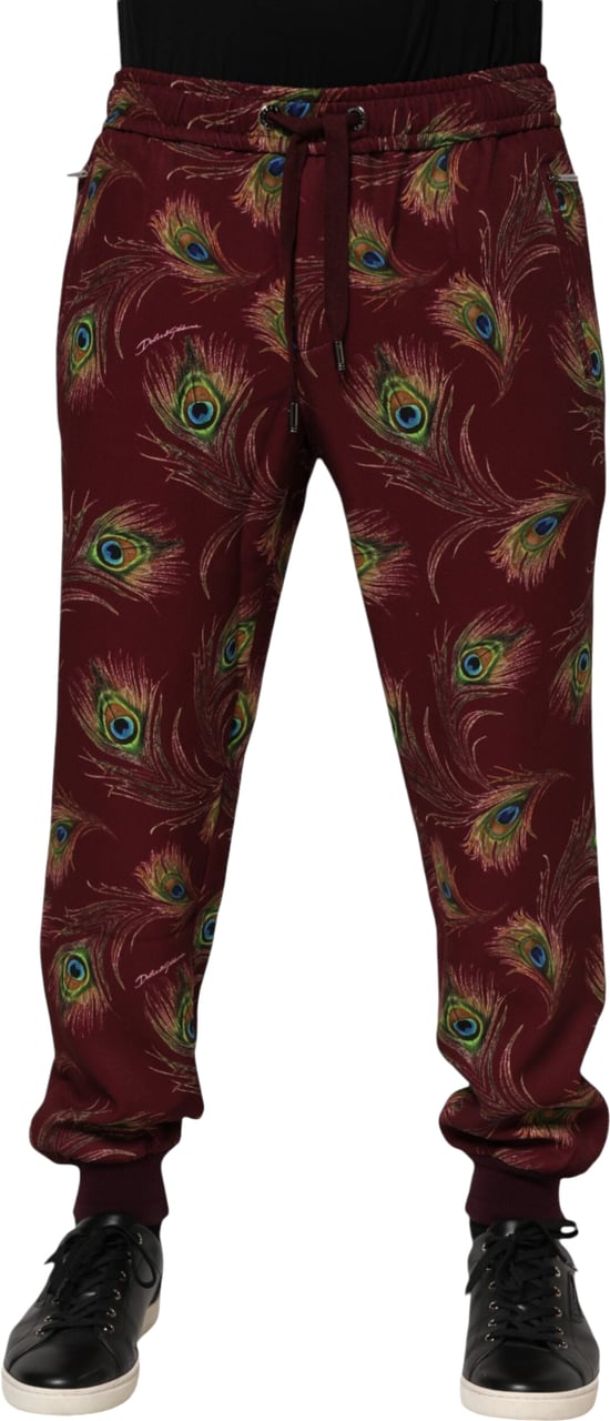 Dolce & Gabbana Burgundy Peacock Feather Print Jogger Pants Maroon